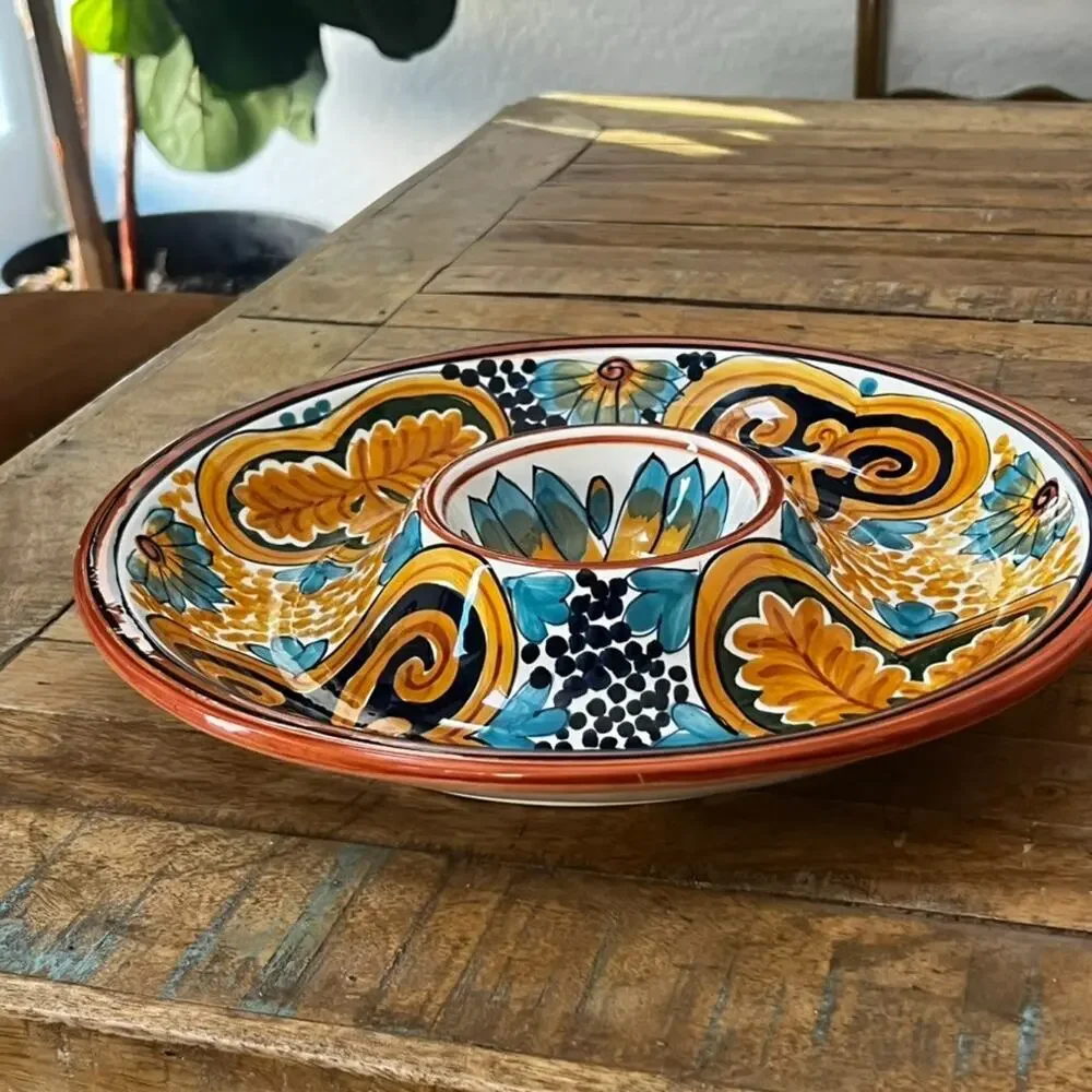 World Bazaar Inc Chip & Dip Plate Serving Dish Ceramic Large 13”